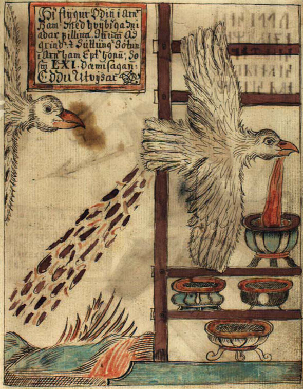 Ilustración de un manuscrito islandés que representa a Odín