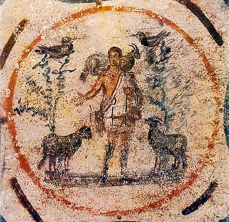 Representación de Jesús como el Buen Pastor en las Catacumbas de Priscila, Roma.